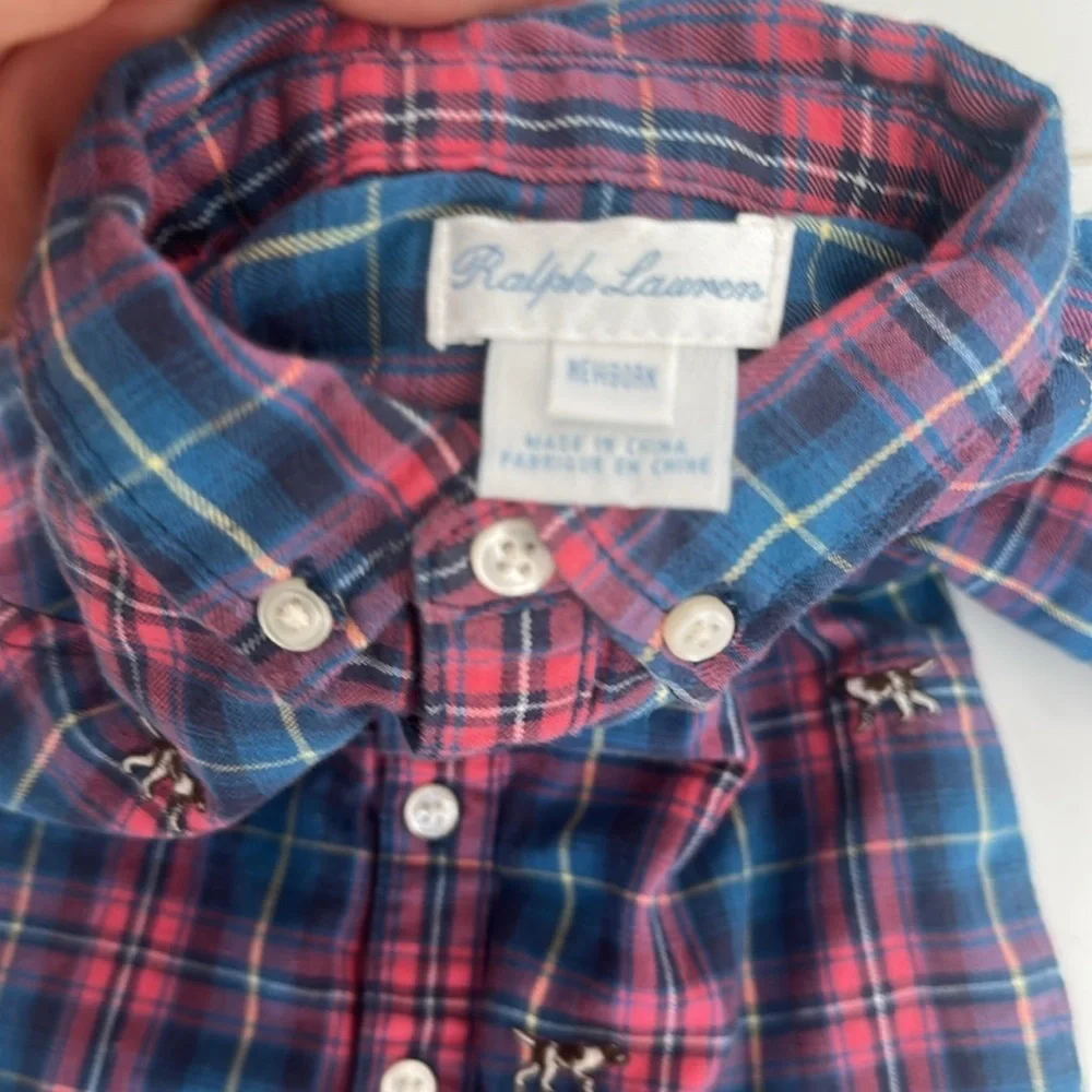 Ralph Lauren Plaid Button-Up Baby Romper Newborn embroidered dogs